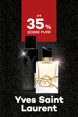 Marca Yves Saint Laurent com destaque promocional de até 35% sobre preço de Venda ao Público Recomendado